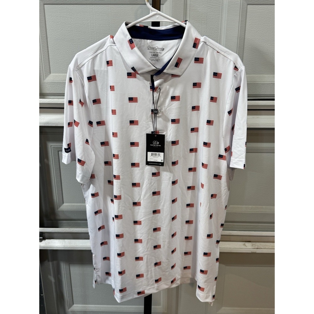 Good Good Men's Large Golf Performance Shirt Stretch Wicking Flex Flag